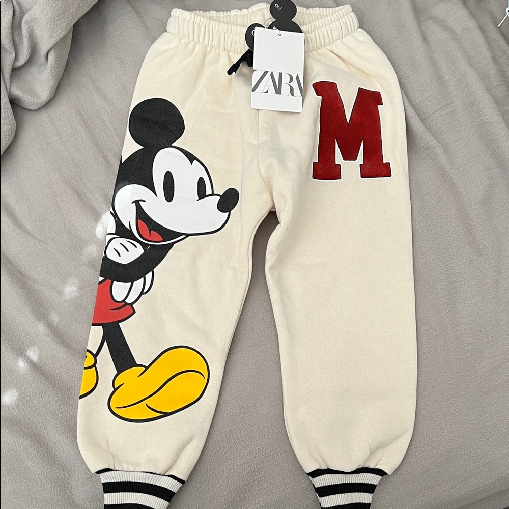 Zara Kids Cream Joggers with Mickey Mouse and Red M